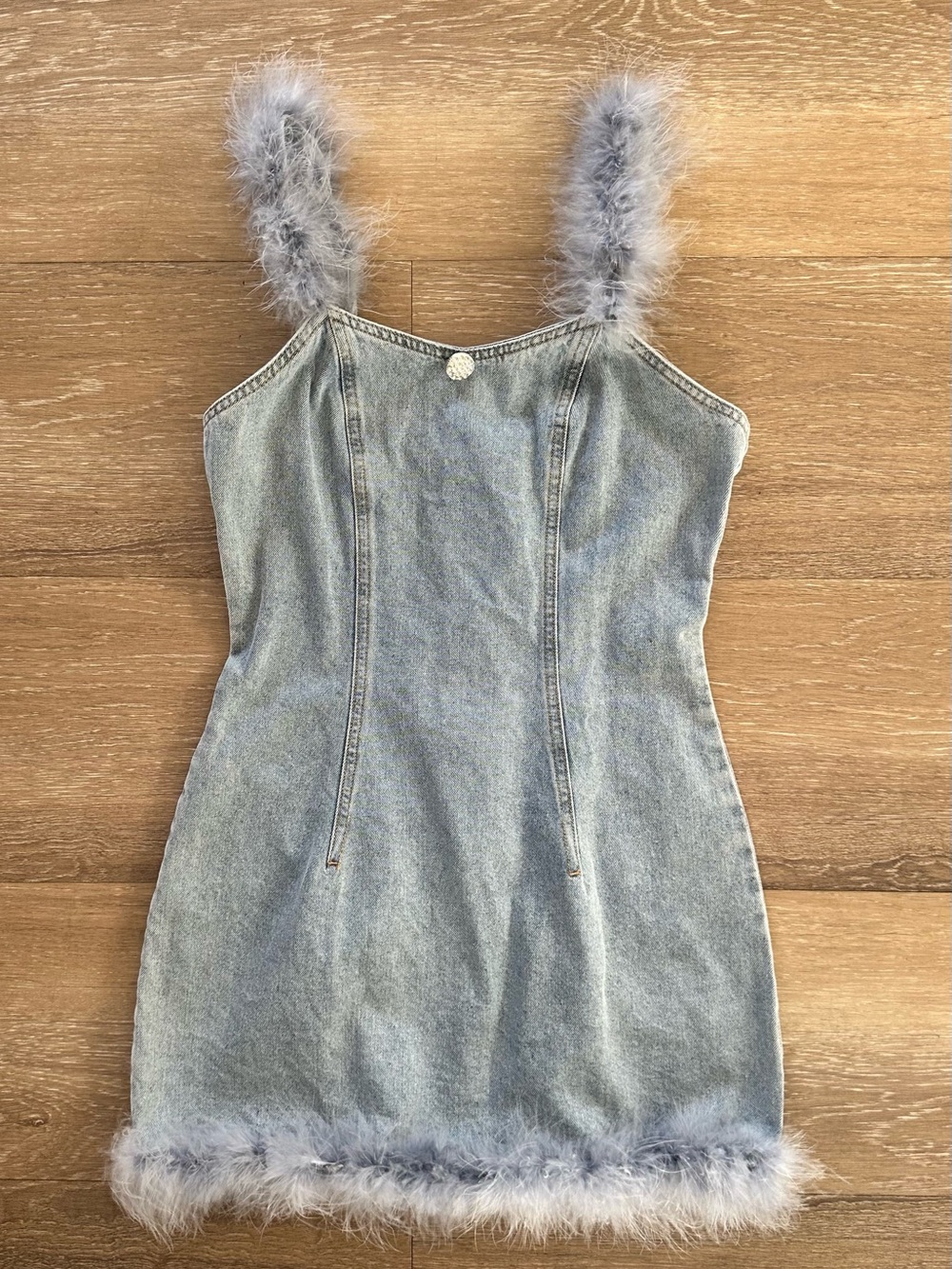 Women’s Light Blue Denim Dress with Faux Fur Trim